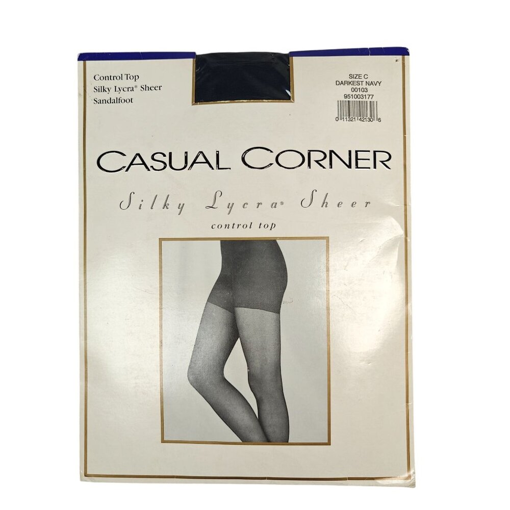 Vintage Casual Corner Silky Lycra Sheer Sandalfoot Pantyhose Darkest Navy Size C